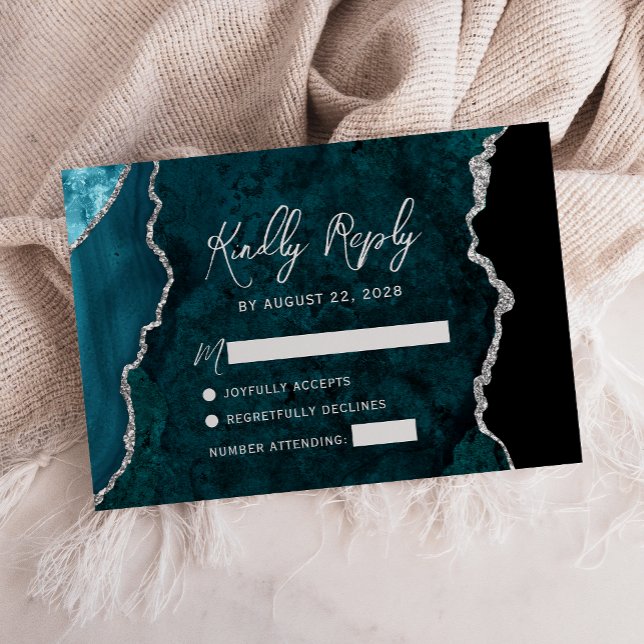 Modern Teal Blue Agate Silver Script Wedding RSVP (Criador carregado)