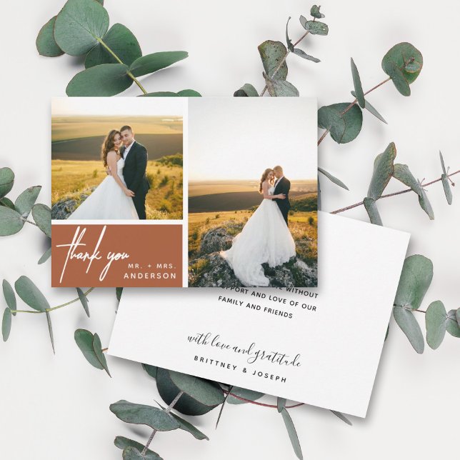 Modern Terracotta Photo Collage Obrigado (Two photo hand lettered thank you wedding card with a minimalistic design perfect for any couple.)