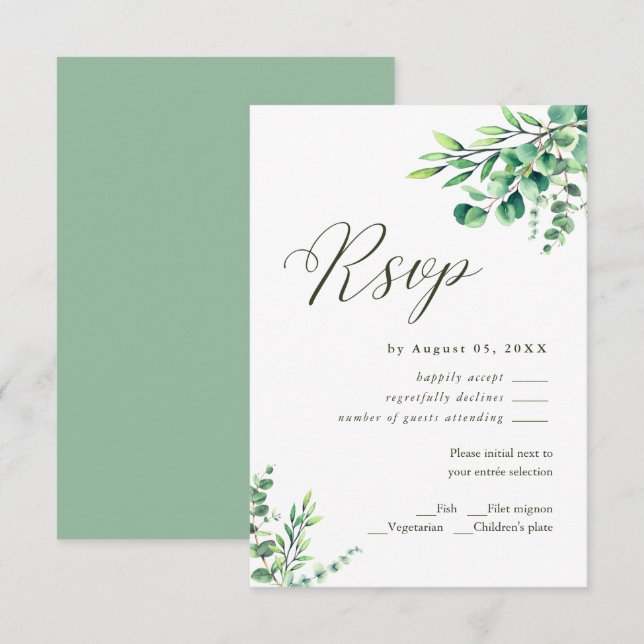 Modern Watercolor Eucalyptus Greenery Wedding RSVP (Frente/Verso)