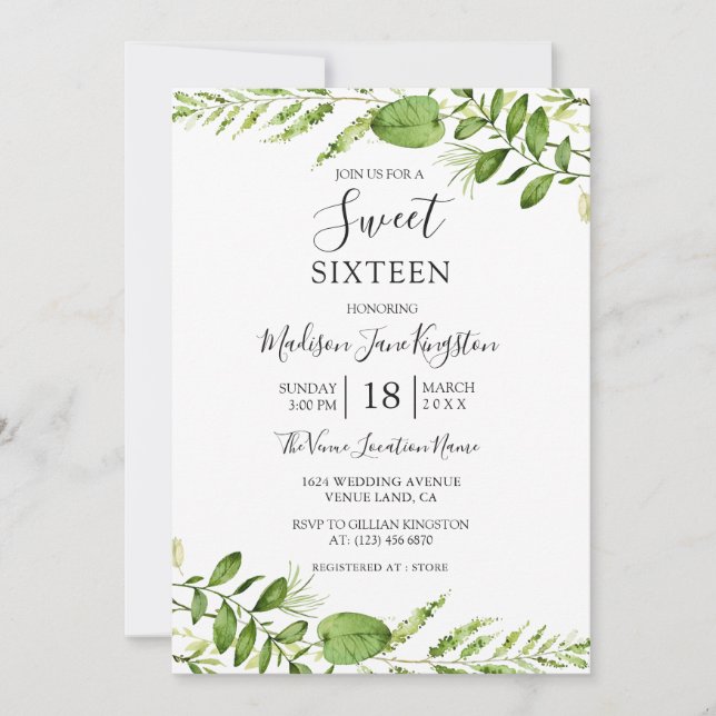 Modern Watercolor Greenery Sweet 16 Convite (Frente)