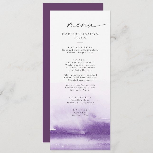 Modern Watercolor | Menu Janto Casamento Roxo (Frente/Verso)