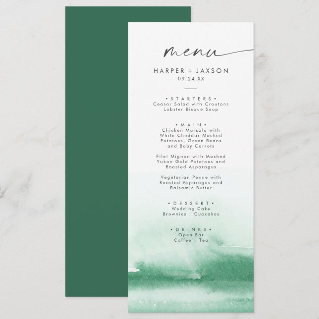 Modern Watercolor | Menu Janto Casamento Verde (Frente/Verso)