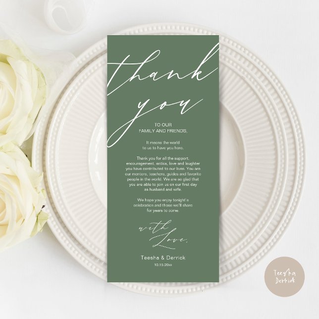 Modern Wedch Place Setting Obrigado Cartão de Jant (Wedding Dinner Place Setting Thank You Card, Modern Minimalist Script, in Sage Green)