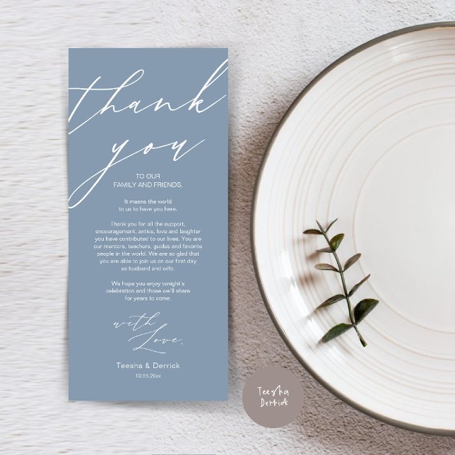 Modern Wedch Place Setting Obrigado Cartão de Jant (Wedding Dinner Place Setting Thank You Card, Modern Minimalist Script, in Dusty Blue)