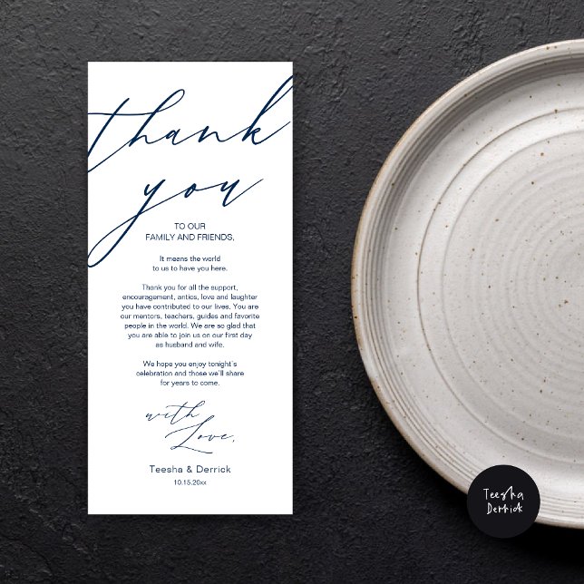 Modern Wedch Place Setting Obrigado Cartão de Jant (Wedding Dinner Place Setting Thank You Card, Modern Minimalist Script, in Navy Blue)