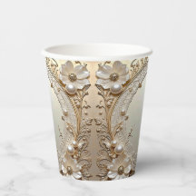 Modern White Flowers Pearls Paper Cups
