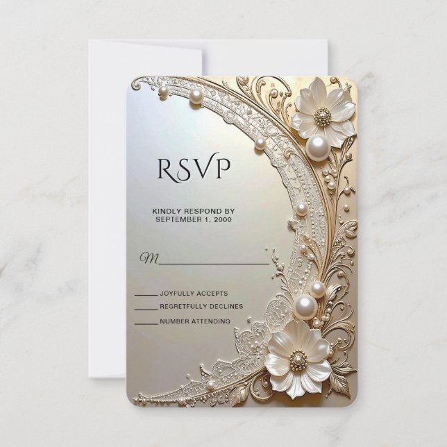 Modern White Flowers Pearls RSVP Card (Frente)