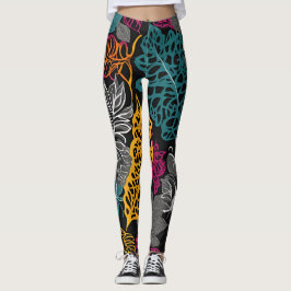 Modern Yellow, Blue and Black Lacy Leaf Leggings