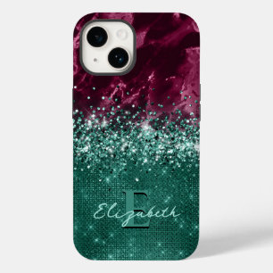 Moderno Borgonha Teal Mint Glitter Marble Monogram