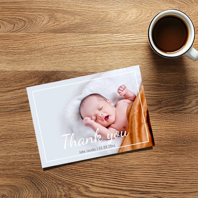 Moderno, chá de fraldas, menino, cartões de agrade (Baby shower "thank you" photo card with baby name and birth date)