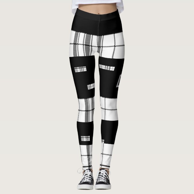  Moderno Chic Calças Leggings Xadrez Preto e Branc (Frente)