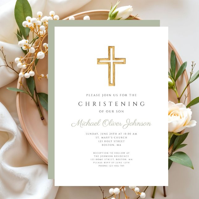 Moderno Convite de Batismo Cruz Religiosa Verde Sa (Modern Sage Green Religious Cross Christening Invitation)