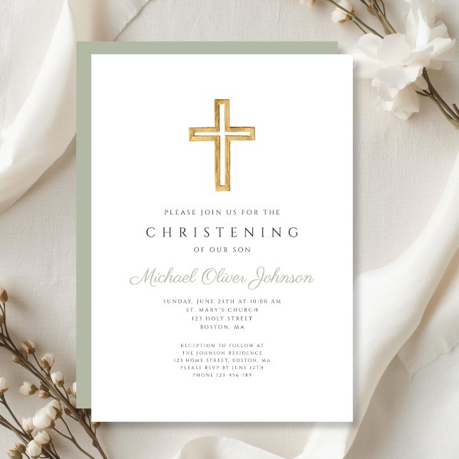 Moderno Convite de Batismo Cruz Religiosa Verde Sa (Modern Sage Green Religious Cross Christening Invitation)