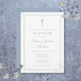 Moderno Convite de Batismo Elegante com Borda Azul