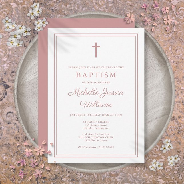 Moderno Convite de Batismo Elegante com Borda Rosa (Modern Elegant Dusty Rose Pink Border Baptism Invitation)