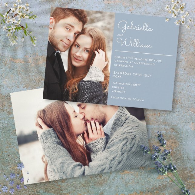 Moderno Convite de Casamento em Script Elegante Az (Modern Elegant Script Dusty Blue 2 Photo Wedding Invitation)
