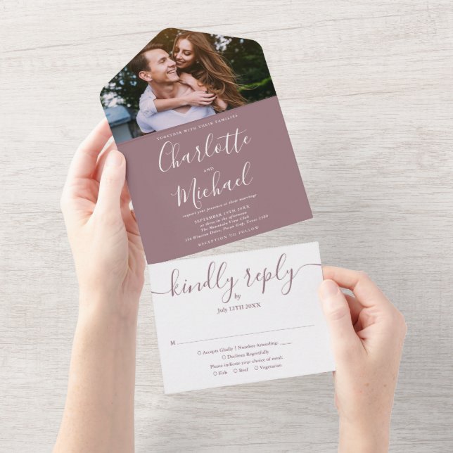 Moderno Convite de Casamento Foto Script Roxo Eleg (Aba destacável)