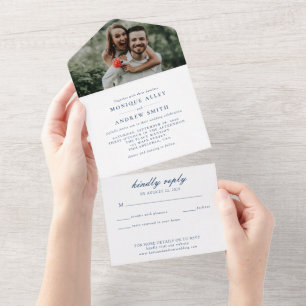 Moderno Convite de Casamento Fotográfico Azul-Mari