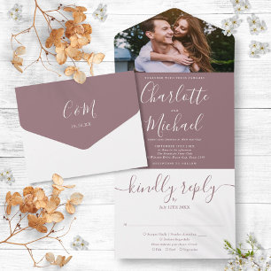 Moderno Convite de Casamento Mauve Elegante com Fo