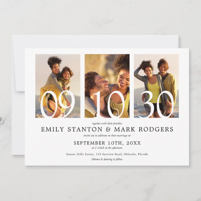 Moderno Convite de Casamento Minimalista com 3 Fot (Frente)