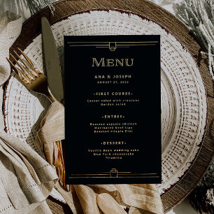Moderno Deco   Menu de Casamento Preto e Dourado E