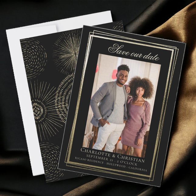 Moderno Dourado e negro salvará nosso casamento de (Gold and Black Modern Save Our Date Wedding. A combination of 40s and modern from Ricaso)