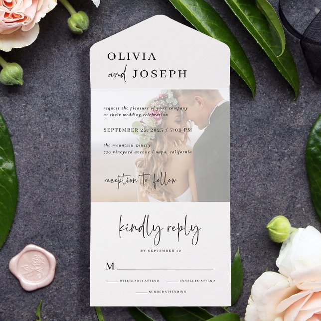 Moderno e minimalista simples | Casamento Fotográf (A simple and elegant photo all in one wedding invitation with trendy modern script)
