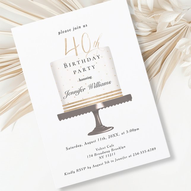Moderno, elegante 40. Convite de aniversário (Modern, elegant, luxury, white & gold, 40. birthday invitation with cake illustration.)