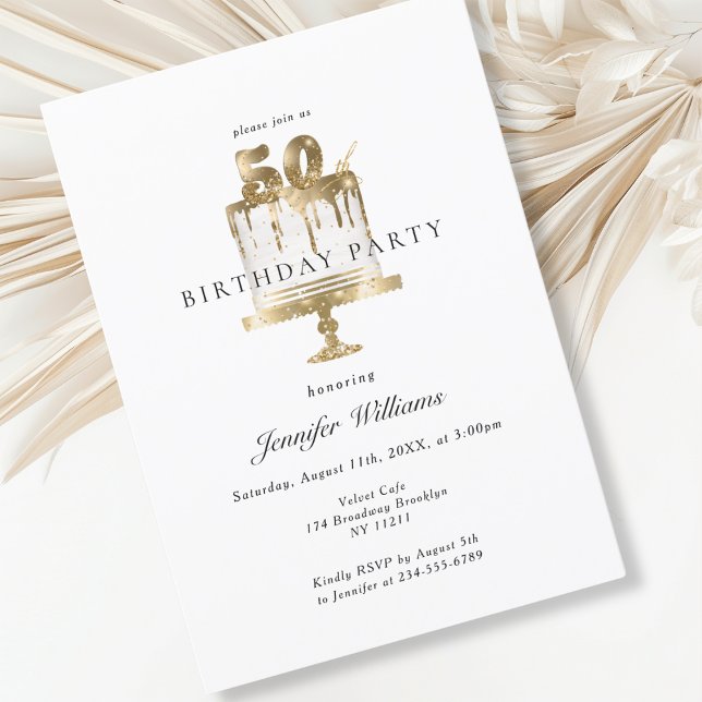 Moderno, elegante 50. Convite de aniversário (Modern, elegant, white, cake, 50. birthday invitation.)