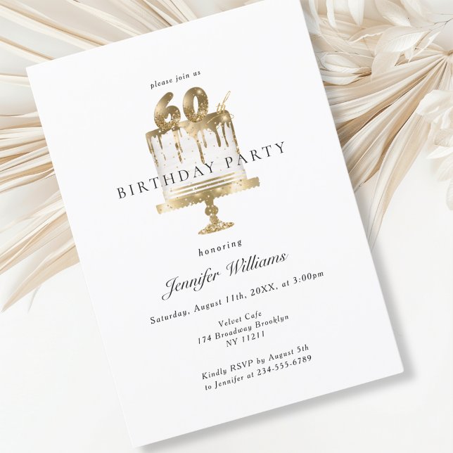 Moderno, elegante 60. Convite de aniversário (Modern, elegant, white, cake, 60. birthday invitation.)