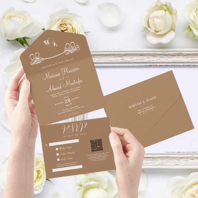 Moderno Elegante Nikah Islâmico Castanho Mínimo (all in one islamic wedding invitation)
