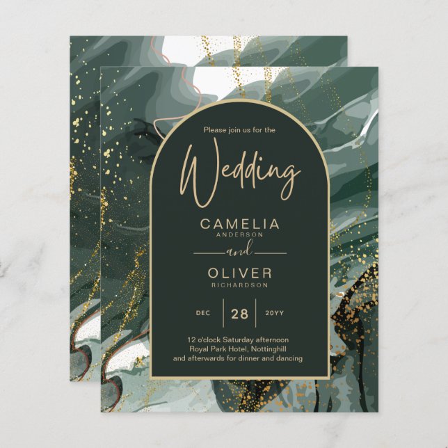 Moderno Emerald Green Dourado Agate Marble WEDDING (Frente/Verso)