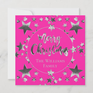Moderno Hot Pink Silver Script Star Feliz Natal