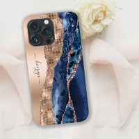 Moderno Indigo Blue Agate & Rosa Dourado Confetti