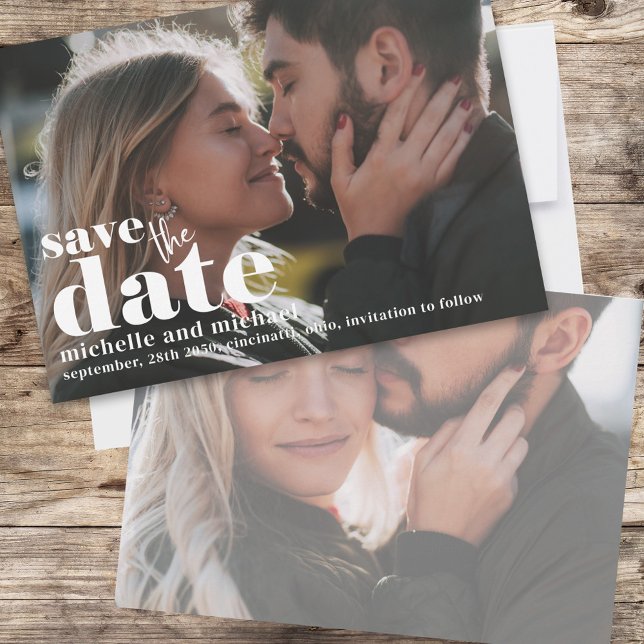 Moderno Salvar o Casamento do Modelo de Foto de Da (A double-sided photo wedding save the date card.)