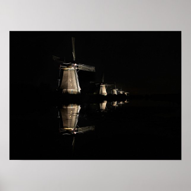 Moinhos de vento iluminados, Kinderdijk, à poster  (Frente)