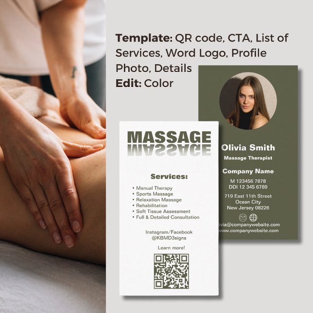 Moisés Green Massage Therapist Cartão de visita (Moss Green Massage Therapist Business Card, Word Logo, Service List, CTA, QR code< Profile Photo)