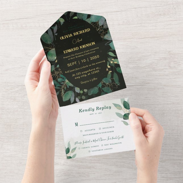 Moldura de folhagem com Rsvp dourado e Casamento P (Aba destacável)