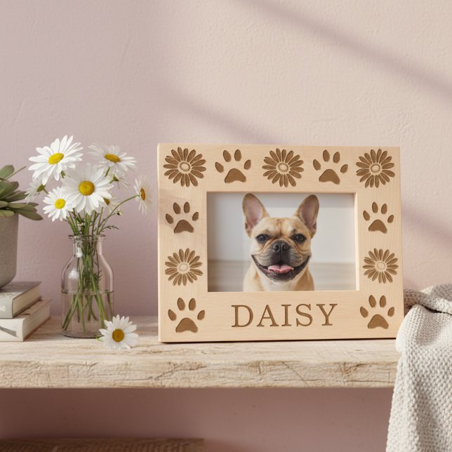 Moldura de Foto de Madeira com Flores Margarida Pe (🌼🐾 A daisy for every paw print – custom photo frame for your pet’s portrait!)