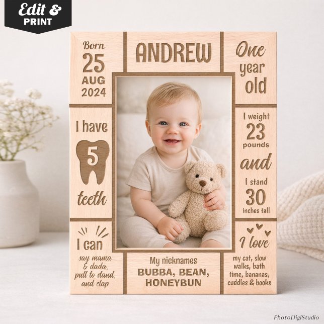 Moldura de madeira personalizada para foto de bebê (Custom First Birthday Milestone Baby Photo Wooden Engraved Frames)