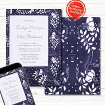 Moldura Floral Delicada em Convite de Casamento Az