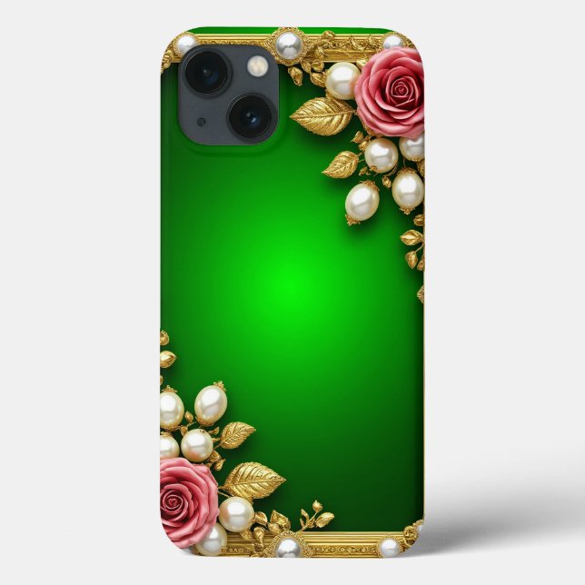 Moldura Verde Com Rosas e Pérolas Elegantes (Verso)