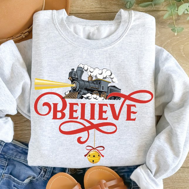 Moletom ACREDITA NA Família de Comboios Expressos de Natal (Believe Christmas Express Train + Jingle Bell, cute Christmas sweater, red, gold, swirl, north pole )