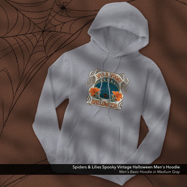 Moletom Aranhas e Leilões Estranham Homens do Dia das Brux (Spiders & Lilies Spooky Halloween Vintage Man's Hoodie: Shown in Medium Gray)