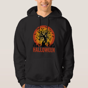 Moletom Árvore Assombrada de Halloween Bruxa e Gatos Preto