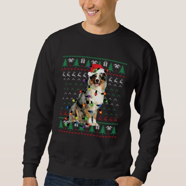 Moletom Australian Shepherd Christmas Lights Ugly Sweater  (Frente)
