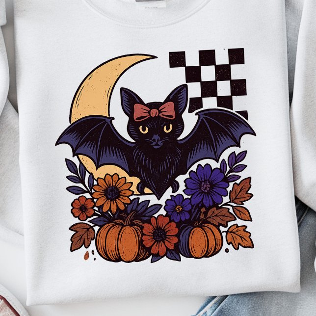 Moletom Bat De Halloween Com Estética Gótica Da Lua (This retro Halloween bat design captures spooky charm with a gothic twist.)