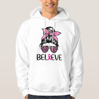 Moletom Believe Messy Bun Leopard Ribbon Breast Cancer Awa