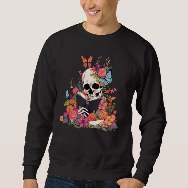 Moletom Book Reading Skull Skeleton Flowers Floral Bookish (Frente)