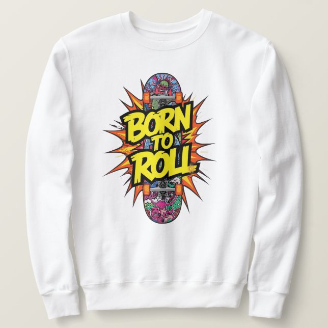 Moletom "Born to Roll" Explosão de Quadrinhos de Skateboar (Frente do Design)